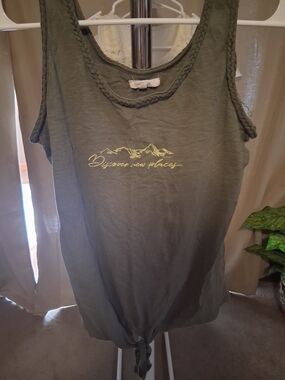 Maurices Olive Green Braided-Trim Tie-Front Tank with Mountain Script